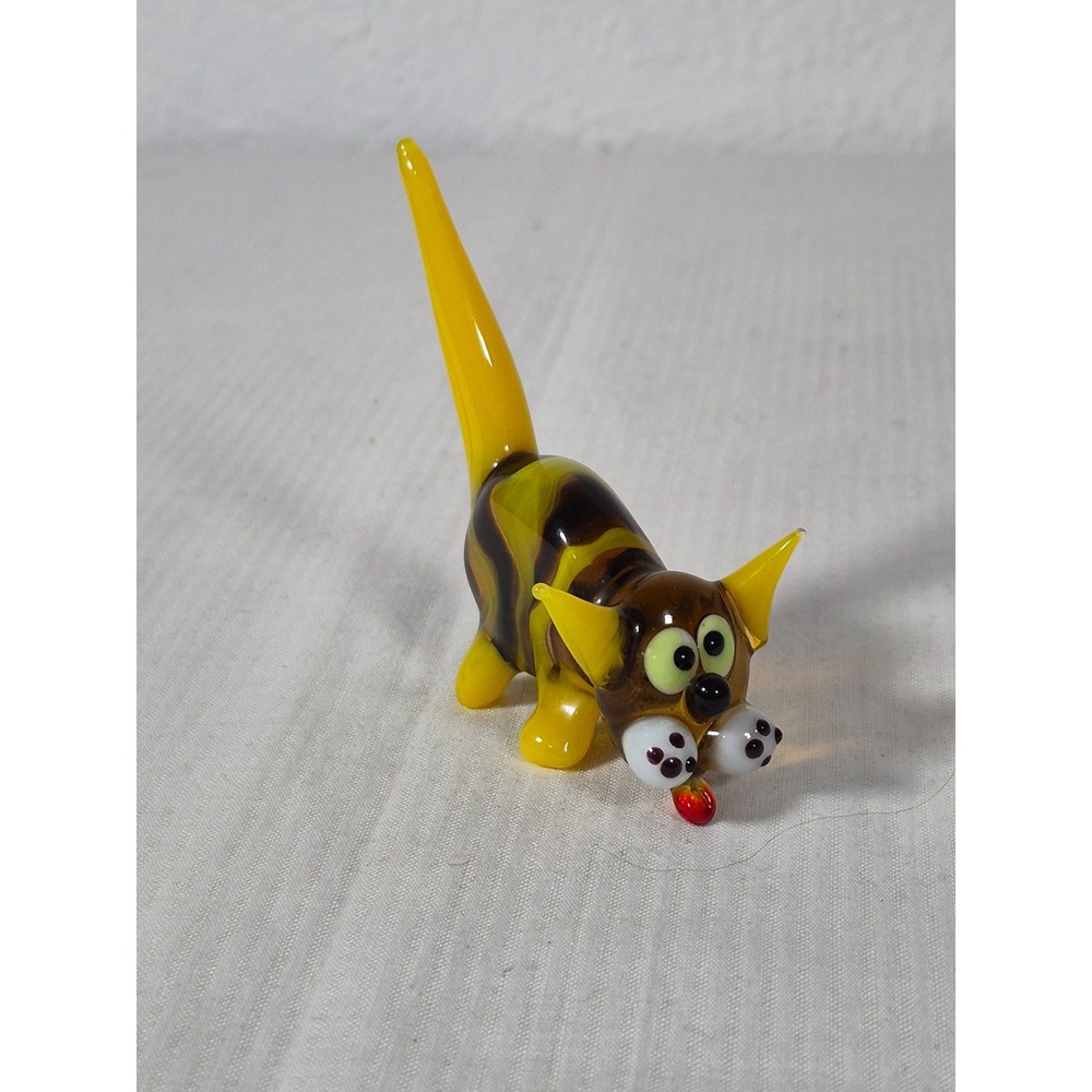 Handblown Art Glass Cat Figurine Yellow Amber Striped Miniature Whimsical Feline